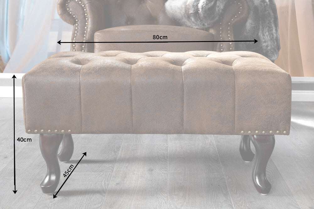 Chesterfield Fußhocker 80cm antik braun mit Knopfheftung und Nietenbesatz