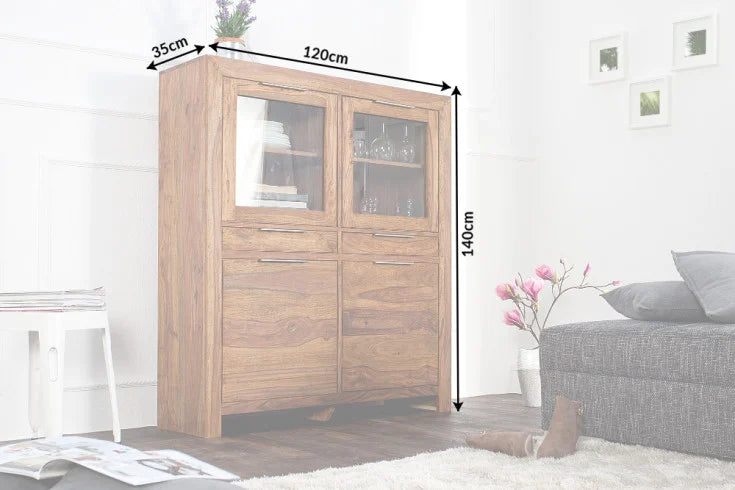 PURE Solid highboard 140cm Sheesham stone finish display case rosewood