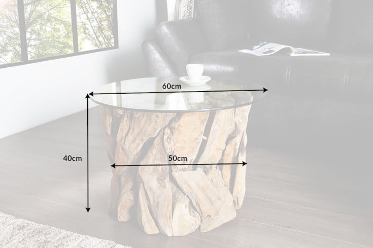 RIVERSIDE Handgearbeiteter Couchtisch 60cm Teakholz runde Glasplatte Massivholz