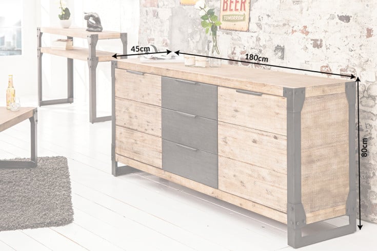 FACTORY Massives Industrial Sideboard 180cm Akazie weiß gekälkt