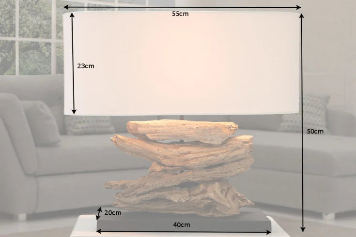 RIVERINE Handcrafted driftwood lamp 55cm cream linen shade table lamp