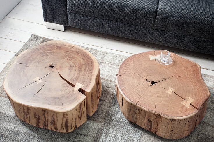 GOA Baumstamm Couchtisch 60cm natur Akazie Massivholz rund mit Rollen Unikat