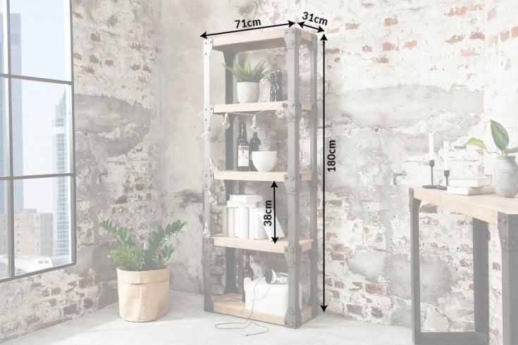 FACTORY Massives Industrial Bücherregal 180cm Akazie weiß gekälkt