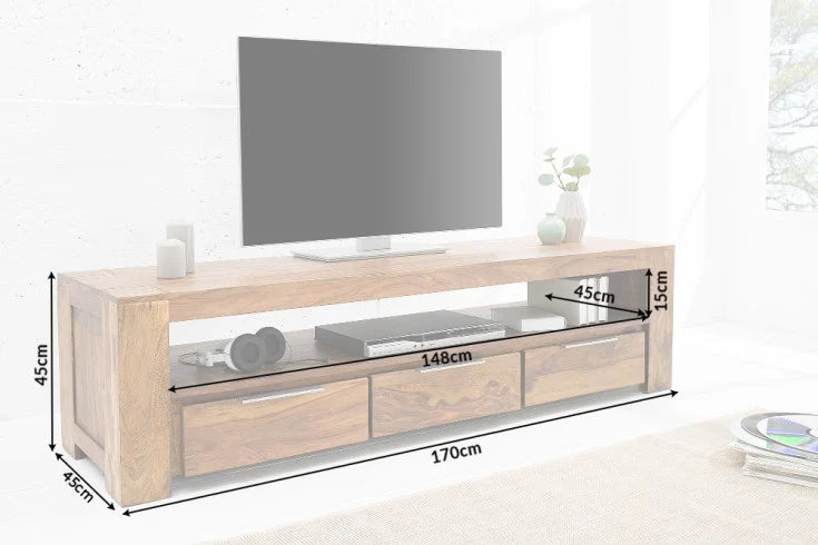 MAKASSAR Solid TV board 170cm Sheesham stone finish lowboard with three drawers
