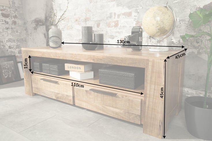 IRON CRAFT Solid TV board 130cm mango wood lowboard 2 drawers