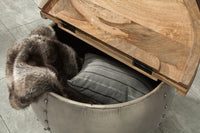 DRUMP STORAGE Runder Couchtisch 70cm natur silber Mangoholz mit Stauraum handmade Industrial