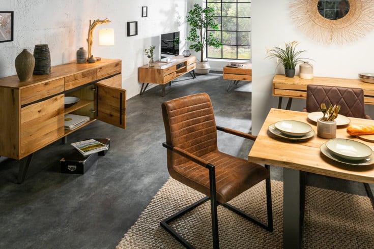 LIVING EDGE Massivholz Couchtisch 110cm Wildeiche geölt Baumkante mit Stauraum