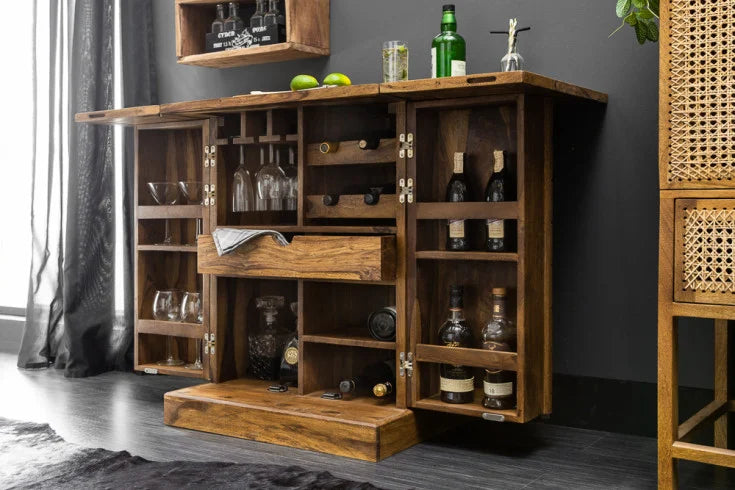 MOSAICO Handcrafted bar cabinet 130cm Sheesham wood stone finish 3D effect