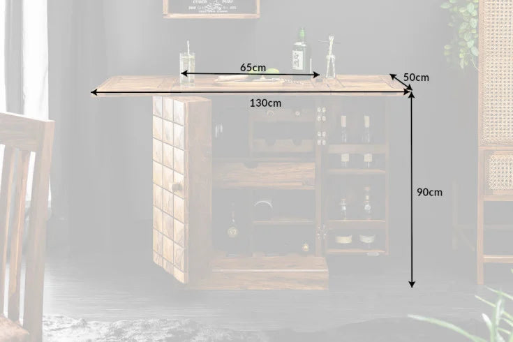 MOSAICO Handcrafted bar cabinet 130cm Sheesham wood stone finish 3D effect