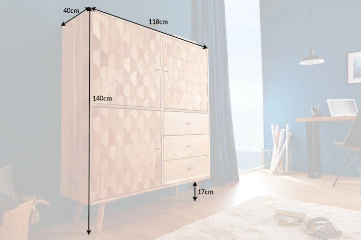 MYSTIC LIVING Massivholz Highboard 140cm Akazie natur 3D-Oberfläche