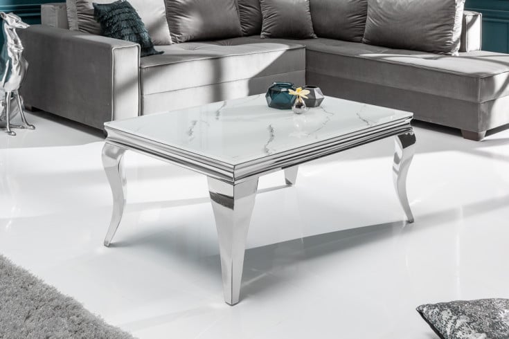 MODERN BAROCK Eleganter Couchtisch 100cm Glasplatte in Marmoroptik Edelstahlbeine