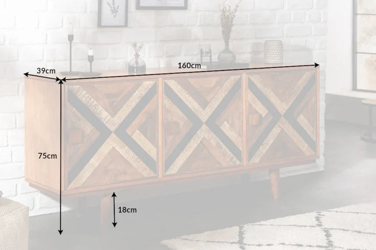 LONG ISLAND Elegantes Sideboard 160cm Mangoholz-Optik mit Retro Muster