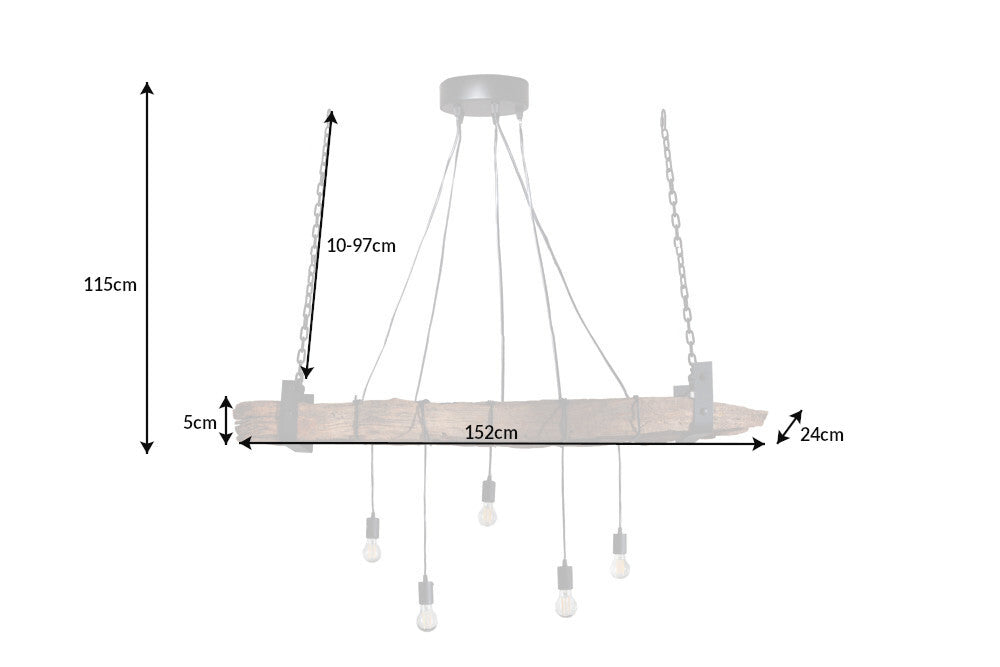 BARRACUDA Industrial hanging lamp 152cm recycled solid wood with 5 lights