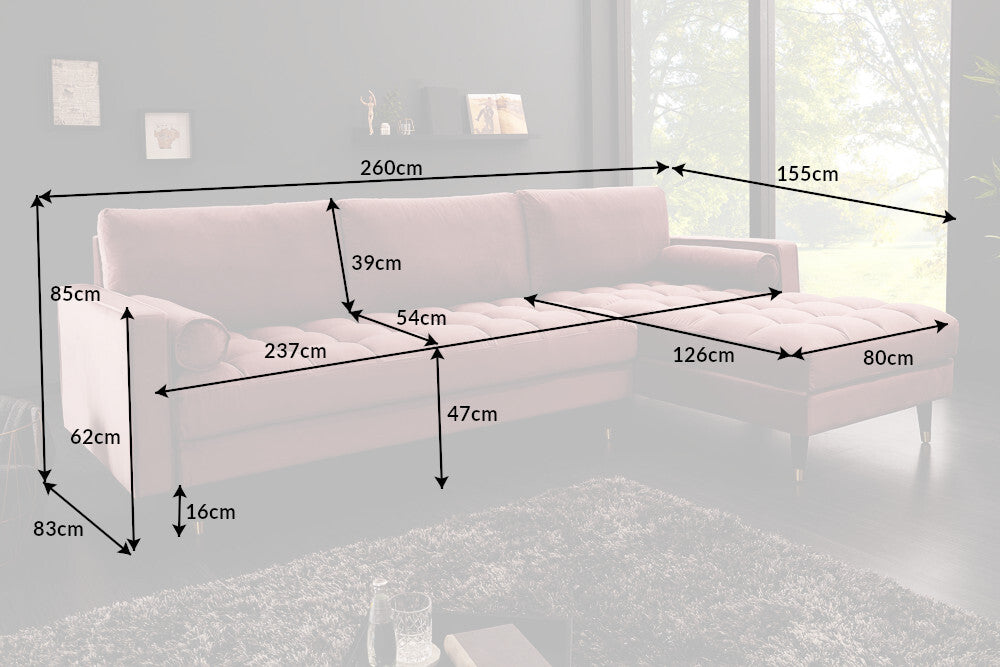 HEAVEN Large corner sofa 255cm gray linen fabric including cushions country house style