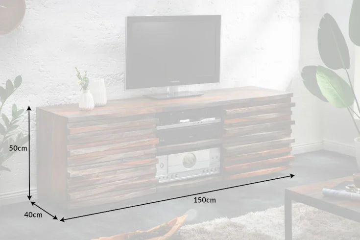 RELIEF Solid TV lowboard 150cm smoke finish Sheesham wood with elaborate front