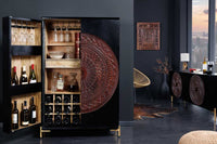Massiver XXL Barschrank MANDALA 95cm Mangoholz schwarz gold Metallgestell Schnitzerei