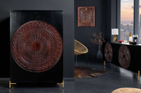 Massiver XXL Barschrank MANDALA 95cm Mangoholz schwarz gold Metallgestell Schnitzerei