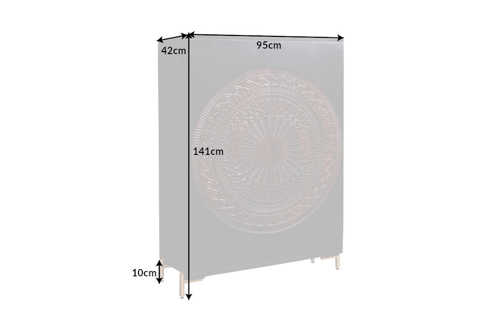 Massiver XXL Barschrank MANDALA 95cm Mangoholz schwarz gold Metallgestell Schnitzerei