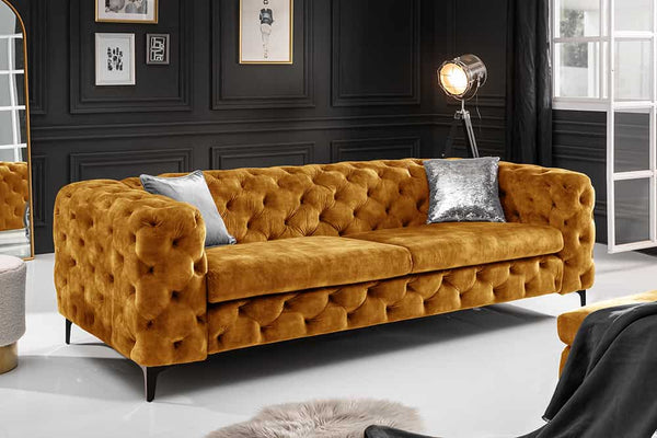 MODERN BAROCK Chesterfield Sofa 235cm senfgelb Samt 3-Sitzer Couch Federkern