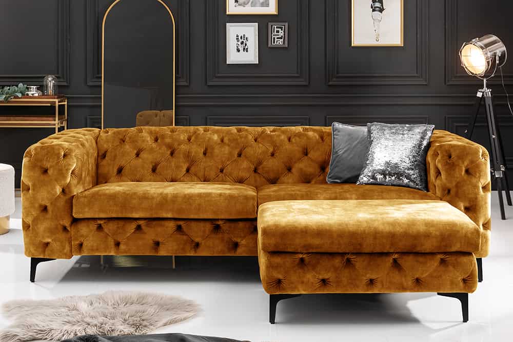 MODERN BAROCK Chesterfield Sofa 235cm senfgelb Samt 3-Sitzer Couch Federkern