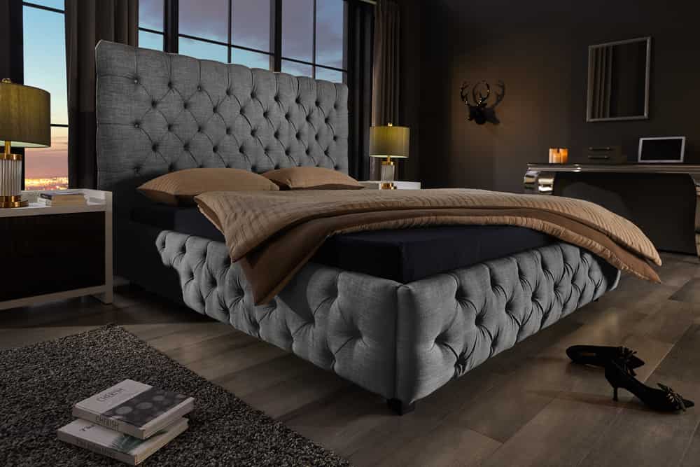 PARIS Design Boxbett 180x200cm grau Leinen Chesterfield Doppelbett