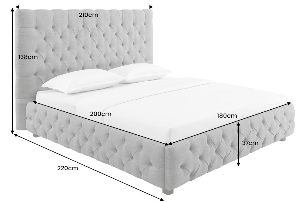 PARIS Design Boxbett 180x200cm grau Leinen Chesterfield Doppelbett