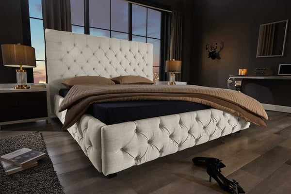 PARIS Design Boxbett 180x200cm beige Leinen Chesterfield Doppelbett