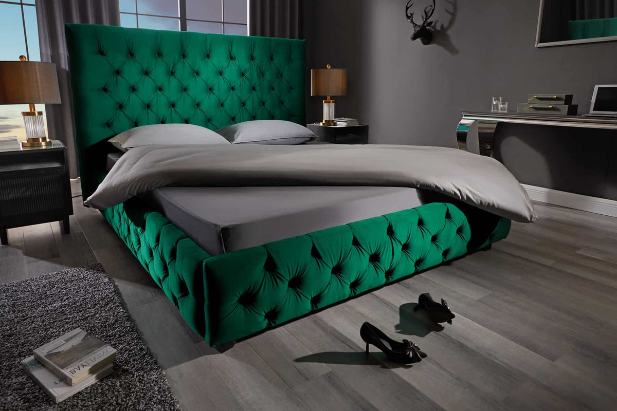 PARIS Design Boxbett 180x200cm dunkelgrün Samt Chesterfield Doppelbett
