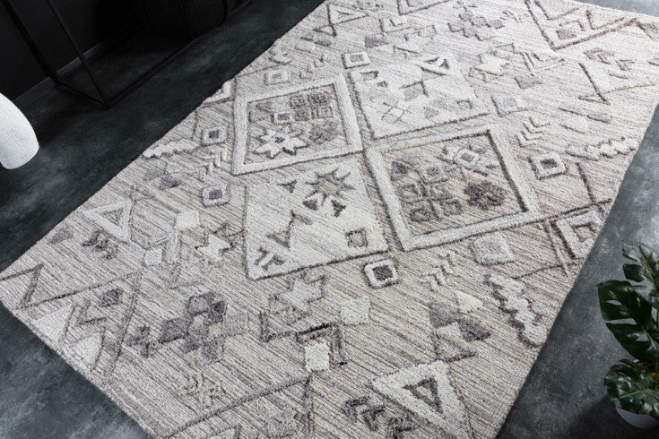 AZTECA Handgewebter Teppich 230x160cm grau Wolle geometrische Muster