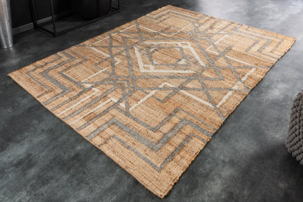 AZTECA Handgewebter Teppich 230x160cm beige grau aus Hanf und Wolle geometrische Muster