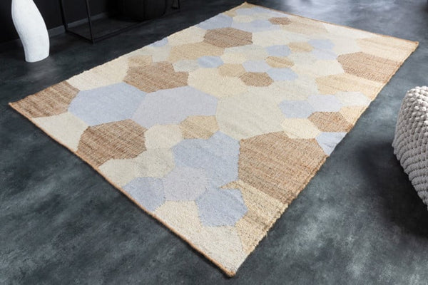 ORGANIC Handgewebter Teppich 230x160cm blau beige aus Hanf und Wolle geometrisches Muster