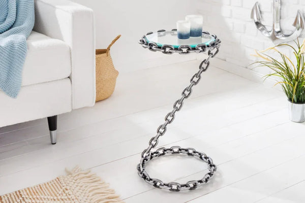 CHAINS design side table 35cm silver handmade metal round glass top chain frame