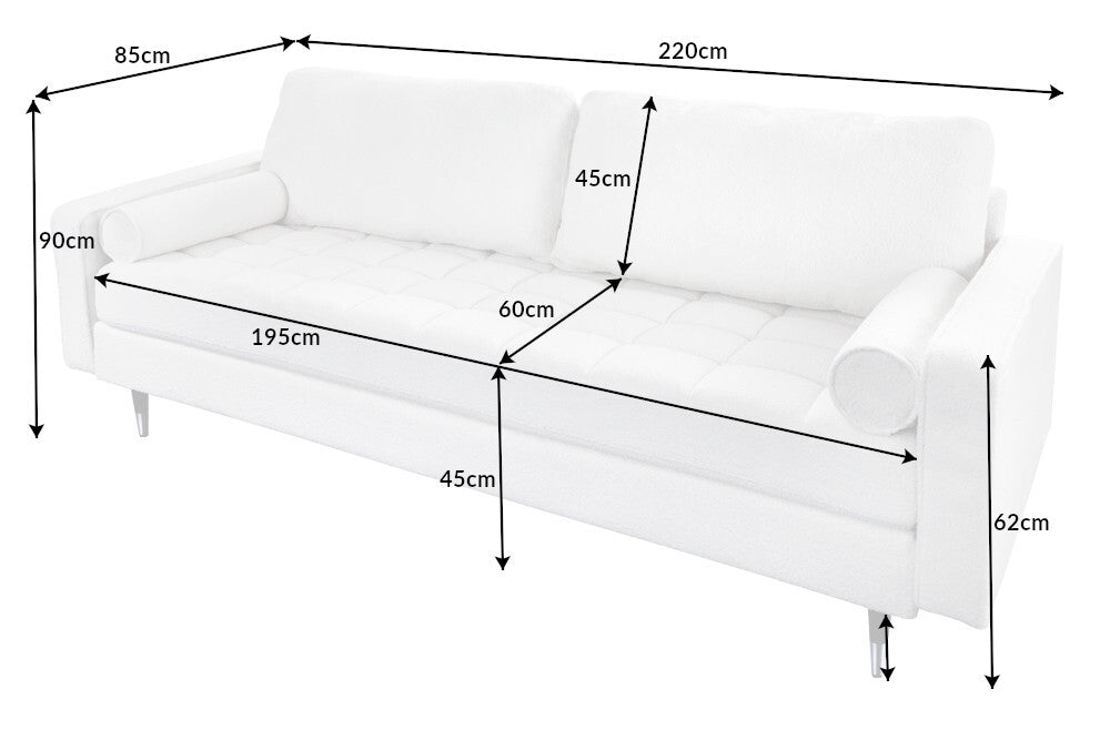 Design 3-Sitzer Sofa COZY 220cm weiß Bouclé Federkern