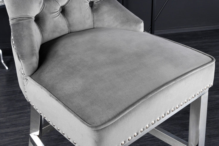 CASTLE DELUXE Design Barhocker Samt silber Edelstahl Chesterfield