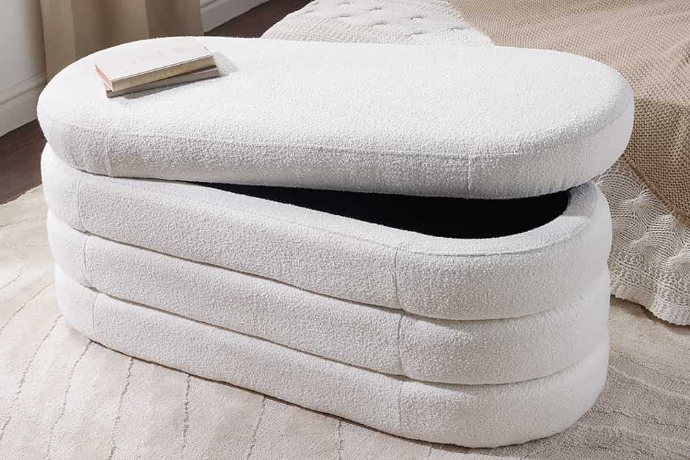 VOGUE Extravagante Polsterbank 115cm creme weiß Bouclé Sitzbank mit Stauraum
