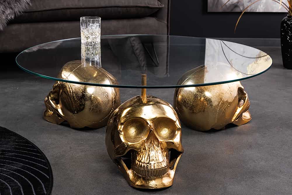 Design Couchtisch SKULL XXL 90cm gold rund Glasplatte Metall Totenkopf handmade