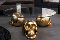 Design Couchtisch SKULL XXL 90cm gold rund Glasplatte Metall Totenkopf handmade