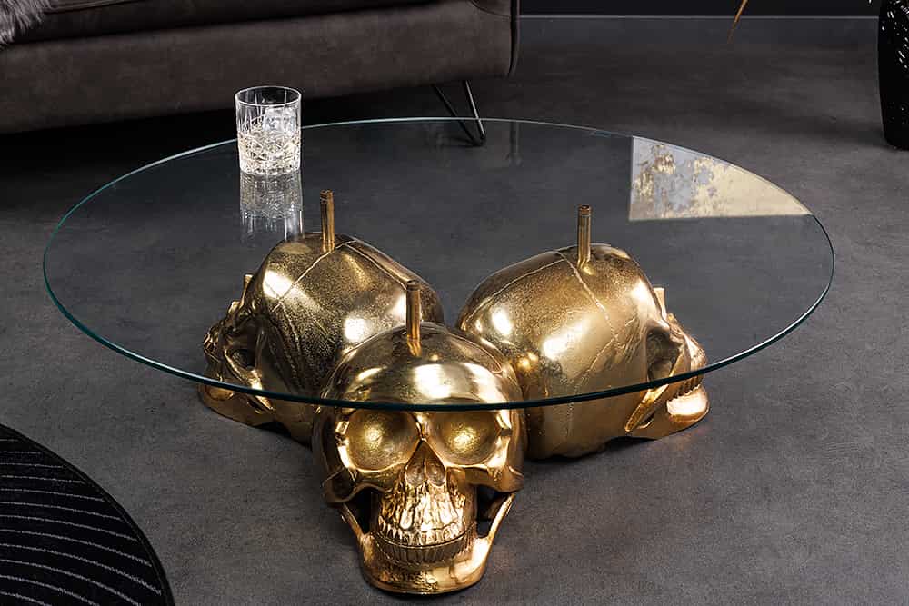 Design Couchtisch SKULL XXL 90cm gold rund Glasplatte Metall Totenkopf handmade