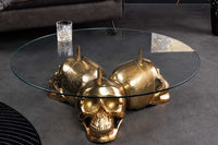 Design Couchtisch SKULL XXL 90cm gold rund Glasplatte Metall Totenkopf handmade
