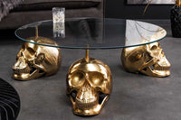 Design Couchtisch SKULL XXL 90cm gold rund Glasplatte Metall Totenkopf handmade
