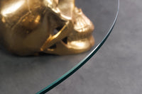 Design Couchtisch SKULL XXL 90cm gold rund Glasplatte Metall Totenkopf handmade