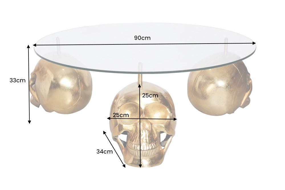 Design Couchtisch SKULL XXL 90cm gold rund Glasplatte Metall Totenkopf handmade