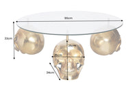 Design Couchtisch SKULL XXL 90cm gold rund Glasplatte Metall Totenkopf handmade