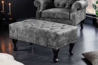 CHESTERFIELD Design Sitzhocker 80cm grau Samt Knopfheftung Nietenbesatz