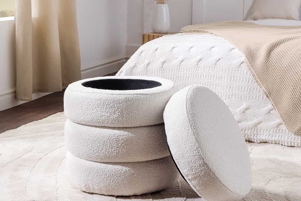 VOGUE Runder Hocker 50cm creme weiß Bouclé Polsterhocker mit Stauraum