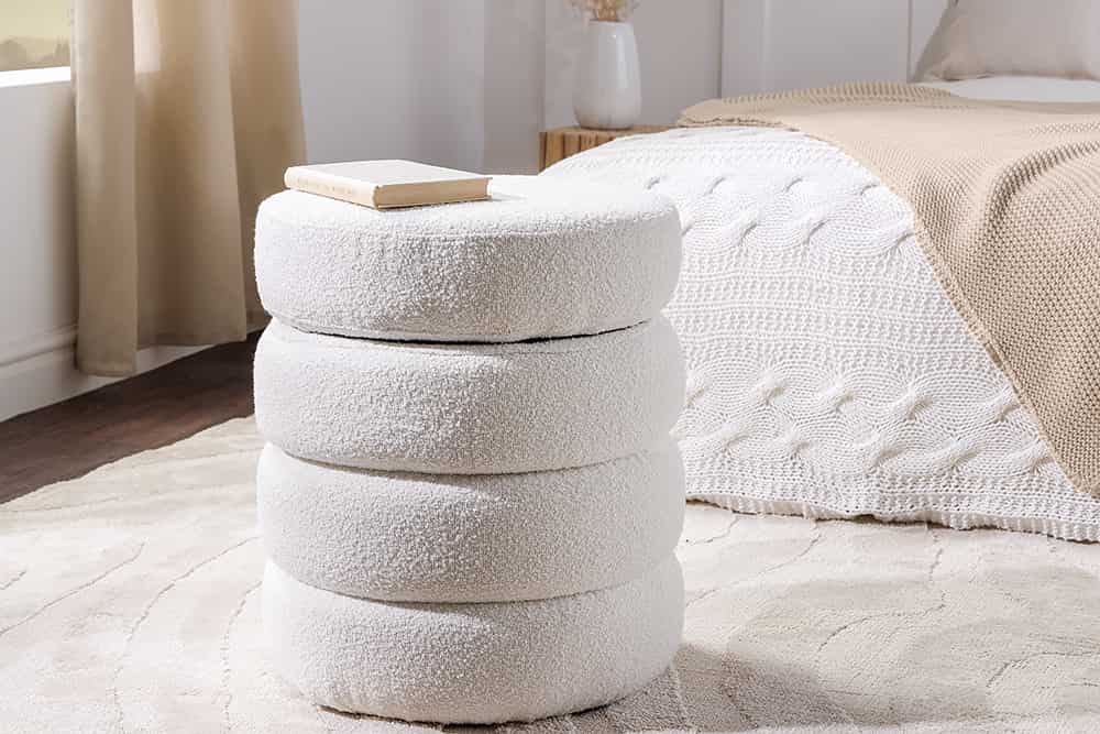 VOGUE Runder Hocker 50cm creme weiß Bouclé Polsterhocker mit Stauraum