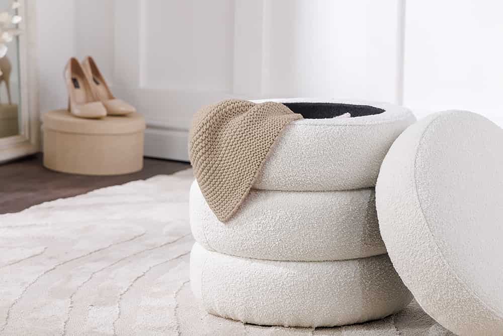 VOGUE Runder Hocker 50cm creme weiß Bouclé Polsterhocker mit Stauraum
