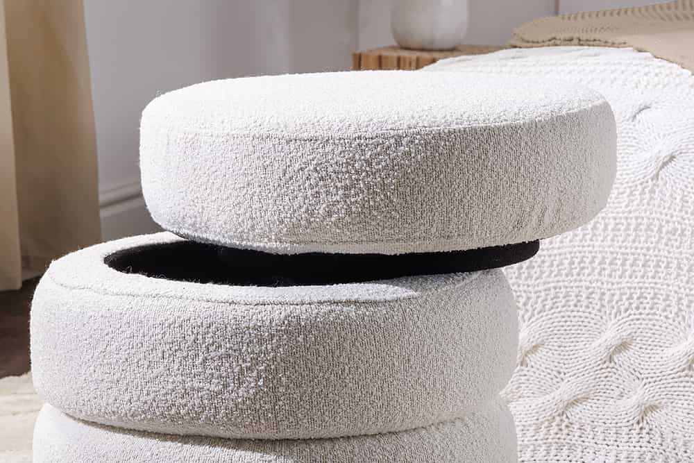 VOGUE Runder Hocker 50cm creme weiß Bouclé Polsterhocker mit Stauraum