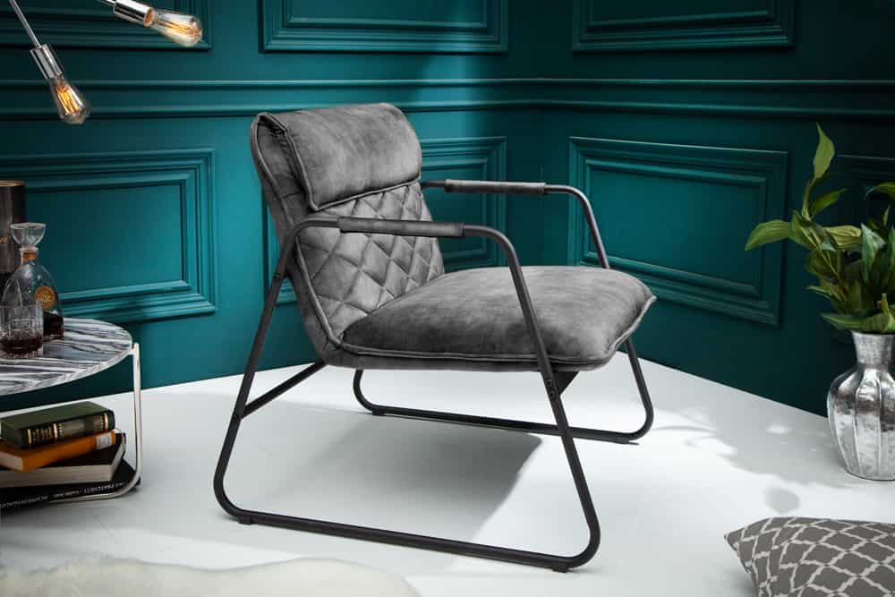 MUSTANG LOUNGER Retro Lounge Sessel grau Samt Wohnzimmersessel schwarzes Metallgestell