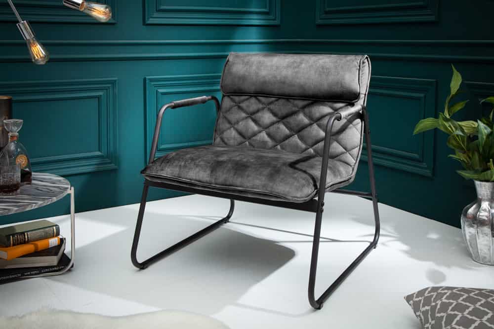 MUSTANG LOUNGER Retro Lounge Sessel grau Samt Wohnzimmersessel schwarzes Metallgestell